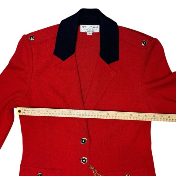 St John Collection Knit Blazer Red Gold Chain Navy Trim 10 Vintage Luxury Jacket - Picture 10 of 11